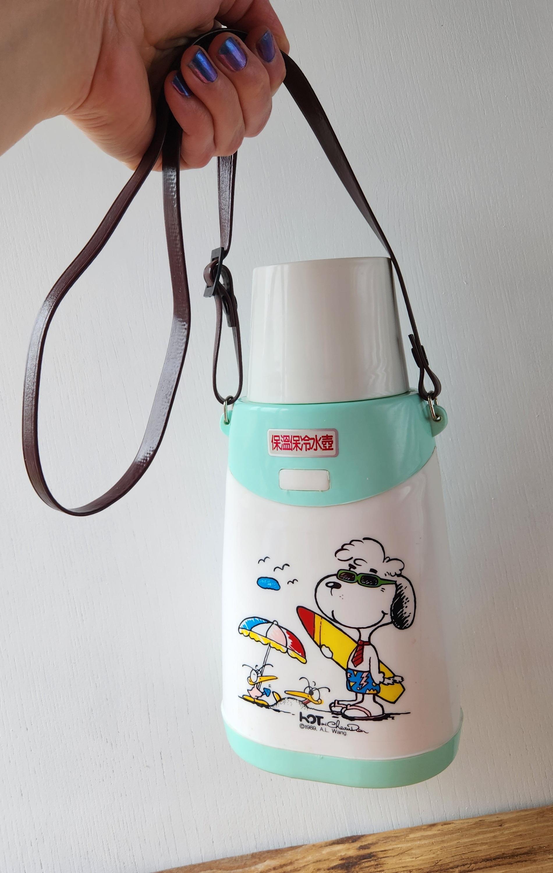 Vintage 80s Peanuts Snoopy THERMOS / Brown Strap - Drink Container