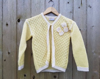 Vintage 80s Handknit Pale Yellow Sweater - Easter / Spring Cardigan Girls sz 8 - 10 with Bow - Tag reads: Handmade for a Special Little Girl