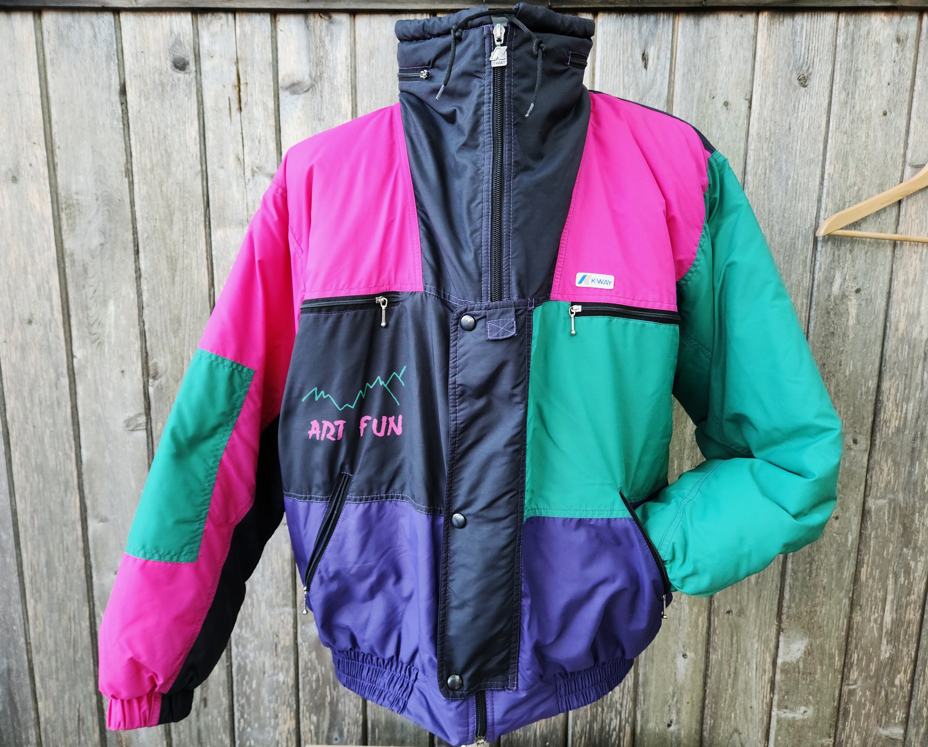 Vintage 80s K-way ART FUN Color Block Puffy Ski Jacket Hot Pink