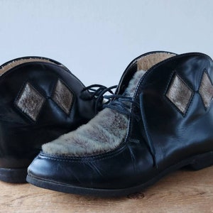 Vintage 60s Double Diamond Cut Out Elk Fur Boots Mukluks Dressy Boots- Sz 6 Womens Canada Wool lined Black Leather Winter Warm by BLIZZARD