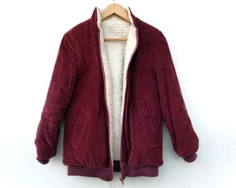 Vintage 70s Burgundy Corduroy Sherpa Lined Jacket - Quilt Sleeve Full Zip Style Canadian Made Coat - 1970s Made in Canada