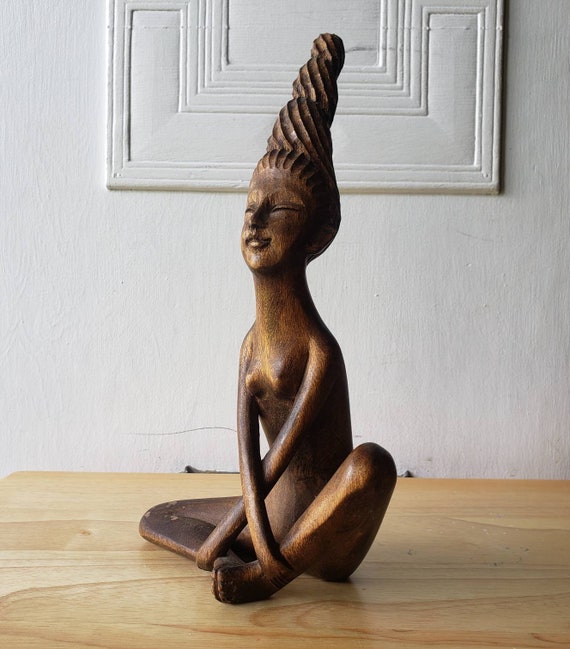Vintage 70s Solid Wood Yoga Woman Figurine Statue African Art Cross Arm  Baddha Kanasana Butterfly Pose 10.5 Earring Holder 