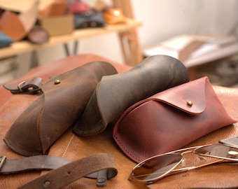 Crazy Horse Leather sunglasses Case, Personalized sunglass Case with clip, Custom Soft glasses Case