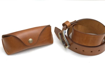 Leather Glasses case with Belt, personalized eyeglass case & belt gift pack, veg tan leather sunglasses case