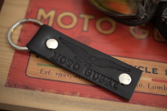 Moto Guzzi embossed logo Leather Key chain fob black Handcrafted by Celyfos® SET OF 3 PIECES