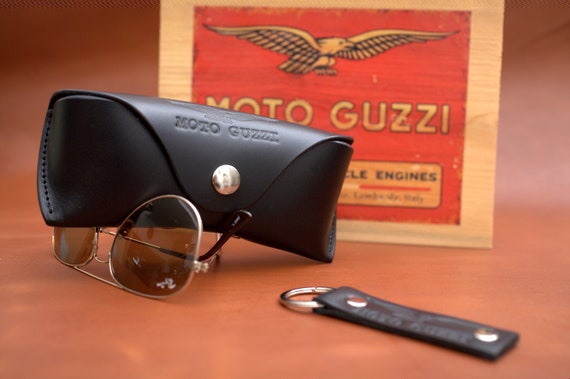 Moto Guzzi leather glasses case with key fob set Black perfect gift