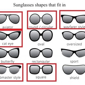K&ouml;nnte beinhalten: Eine Grafik mit verschiedenen Sonnenbrillenformen, darunter Aviator, rund, Wayfarer, Cat Eye, oval, &uuml;bergro&szlig;, Butterfly, rechteckig, Sport, Clubmaster, quadratisch und Schild.