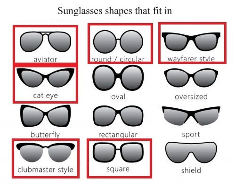 K&ouml;nnte beinhalten: Eine Grafik mit verschiedenen Sonnenbrillenformen, darunter Aviator, rund, Wayfarer, Cat Eye, oval, &uuml;bergro&szlig;, Butterfly, rechteckig, Sport, Clubmaster, quadratisch und Schild.