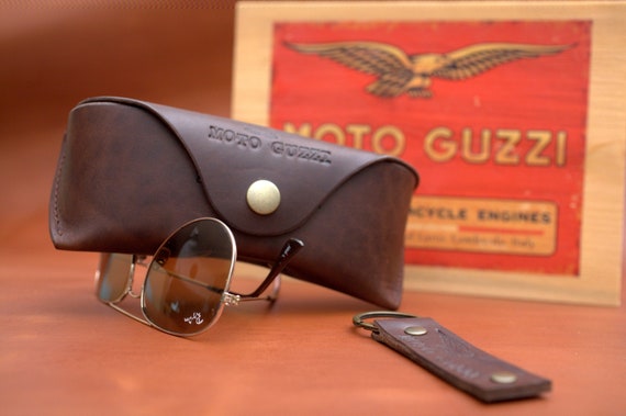 Moto Guzzi leather glasses case with key ring set esspresso brown