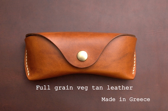 Personalized sunglasses case with hanging hook, AirTag sleeve, vintage brown veg tan leather for Wayfarer Persol