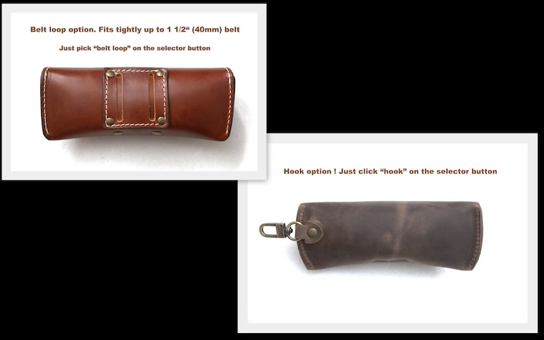 K&ouml;nnte beinhalten: Zwei Brillenetuis aus Leder, eines braun und eines dunkelbraun. Das braune Etui hat eine G&uuml;rtelschlaufenoption und passt f&uuml;r G&uuml;rtel bis zu 40 mm (1 1/2 Zoll). Das dunkelbraune Etui hat eine Hakenoption. Beide Etuis haben ein gen&auml;htes Design und sind aus Leder.