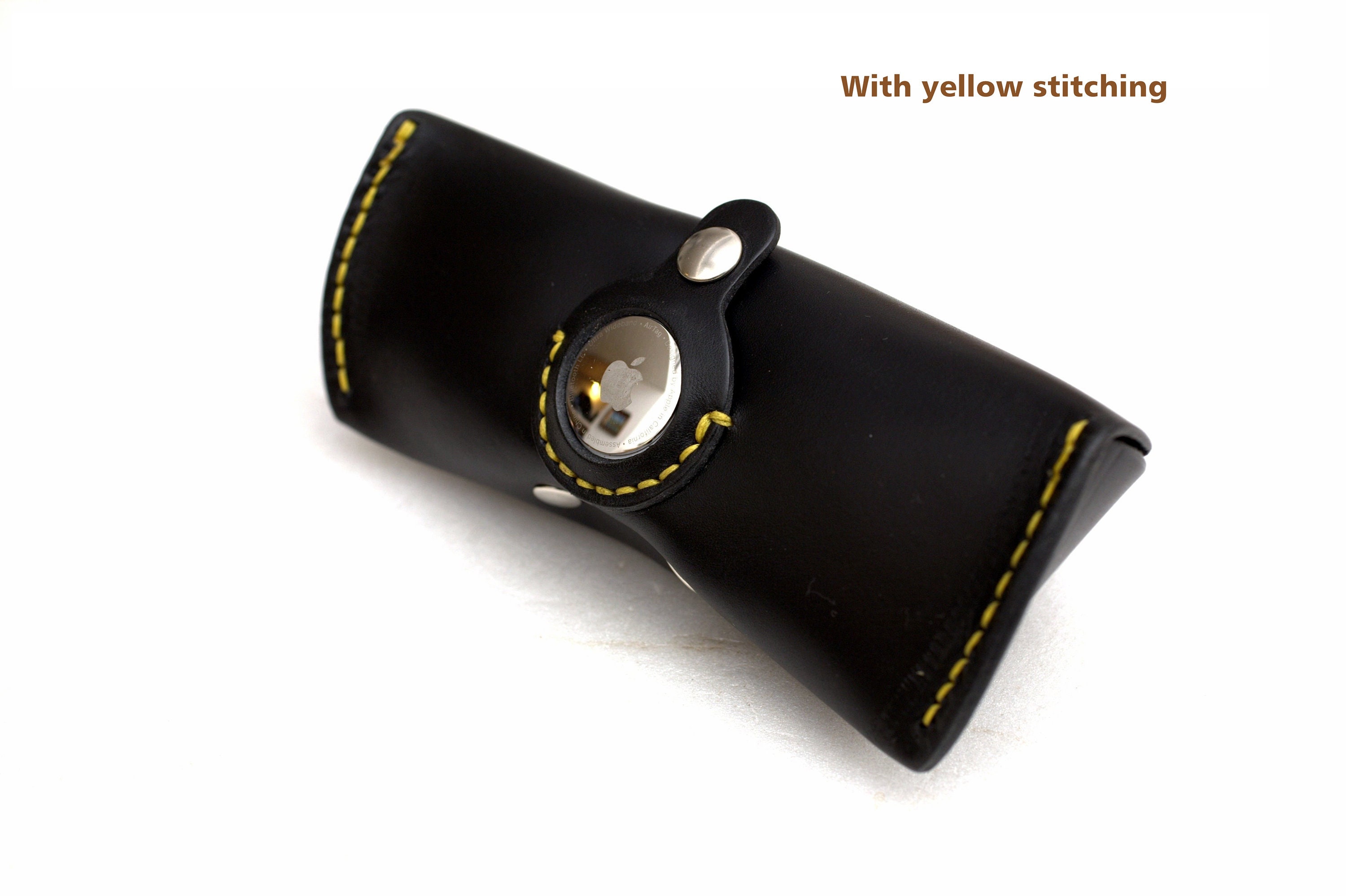 Leather Glasses case Black with AirTag holder, personalized eyeglass