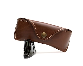 Leather sunglasses case hard Tuscany Brown personalized, eco friendly leather