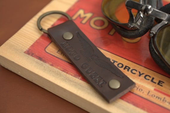 Moto Guzzi embossed logo Leather Key chain fob Espresso Brown Handcrafted by Celyfos® SET OF 3