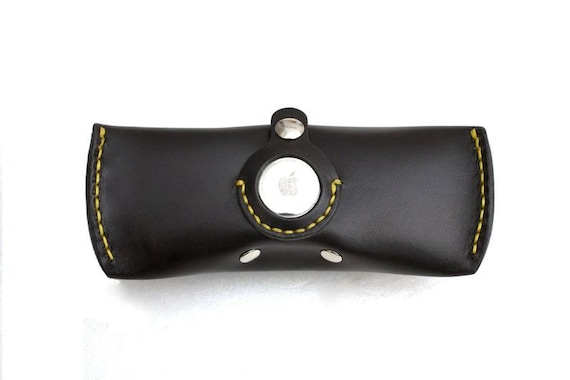 Leather Glasses case Black with AirTag holder, personalized sunglasses case, veg tan leather eyeglass case