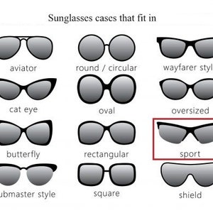 May include: Diagram of various sunglasses styles, including aviator, round, cat eye, butterfly, clubmaster, wayfarer, oval, oversized, rectangular, sport, square, and shield. Text at the top reads "Sunglasses cases that fit in."