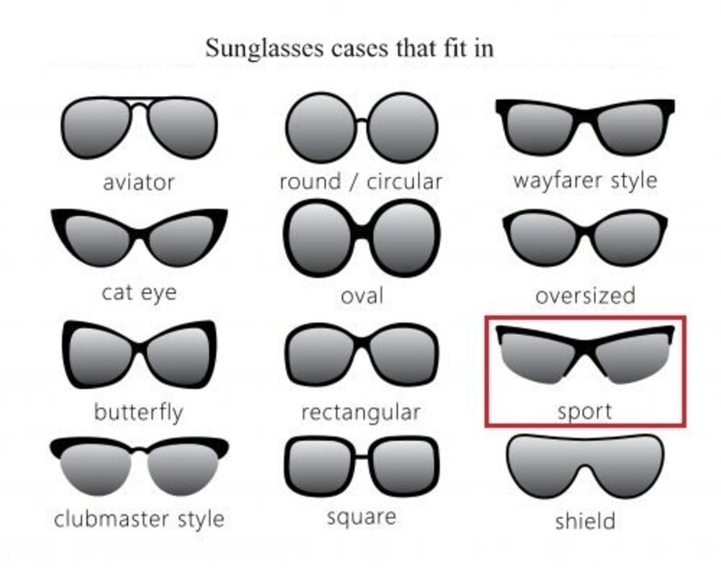 May include: Diagram of various sunglasses styles, including aviator, round, cat eye, butterfly, clubmaster, wayfarer, oval, oversized, rectangular, sport, square, and shield. Text at the top reads "Sunglasses cases that fit in."