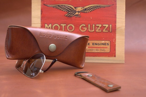 Moto Guzzi leather glasses case with key ring set vintage brown perfect gift