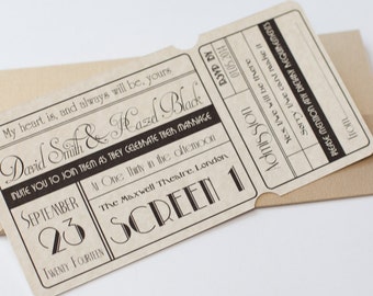 Cinema Movie Ticket Wedding Invitation with Wallet Ivory & Gold