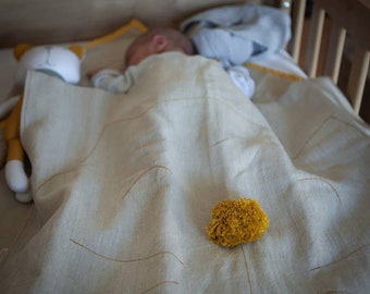 Natural Linen Baby Blanket Blanket, Hemp kids blanket, Organic kids blanket, Toddler blanket, Cat Pattern, Pompom Blanket, Yellow