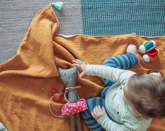 Baby blanket double sided, Baby swaddle blanket, Yellow gauze and  natural hemp baby blanket, pompom blanket  summer baby blanket