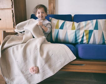 Hemp Linen Baby Blanket Rabbit Pattern, Embroidered with Mauve, Pink Pompom, Toddler Blanket, Summer Blanket