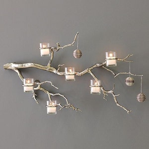 Portavelas de pared con forma de rama de manzanita, expositor de velas votivas de plata rústica, portavelas de pared con forma de rama de árbol, decoración con forma de rama de árbol, portavelas votivo de cristal