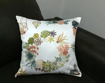 Cactus Floral Wreath Pillow Cover, Decorative Throw Pillow 18x18, Cushion Cover, Cottage Decor, 18x18 pillow, Floral Pillow Cover