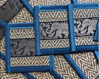 Set di 6 tovagliette in canna con 6 sottobicchieri, blu oceano, sottobicchiere naturale, tovaglietta con elefante, sottobicchiere con elefante, stoviglie intrecciate naturali
