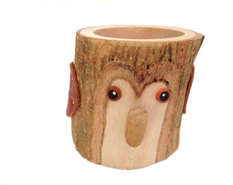 Handcrafted Mango Wood Owl Pencil Holder, Rustic Desk Organizer, Tree Bark Wood Pencil Cup, Wood Holder, Log Holder, Wood Desk Organizer