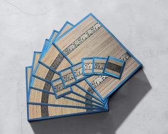 Set of 6 Reed Placemats with 6 Coasters Ocean Blue, Natural Coaster, Elephant Placemat, Elephant Coaster, Natural Woven Tableware