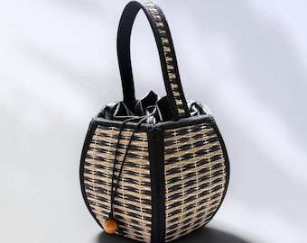 Borsa intrecciata a mano, borsa in fibra naturale, borsa fatta a mano, colore nero, rotonda
