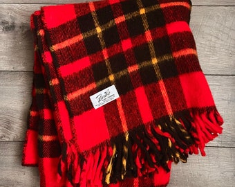 Vintage Faribo Fluff-Loomed Wool Red Plaid Blanket