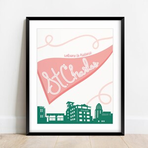Dibujado a mano rosa y verde Bienvenido a St. Charles Illinois Wall Art / DESCARGA DIGITAL Arte de pared de varios tamaños