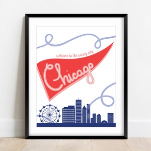 Hand getekend rood en blauw Welkom in de winderige stad Chicago Illinois wimpel vlag muur kunst | DIGITALE DOWNLOAD Muurkunst verschillende maten