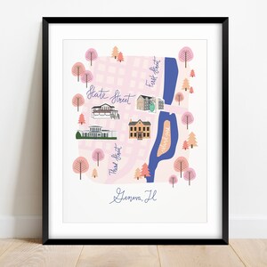 Hand Drawn City Map of Downtown Geneva Illinois Pink | Historic Third Street, State Street | DIGITAL DOWNLOAD Wall Art Various Sizes