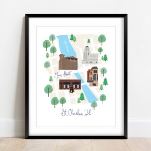 Mapa de la ciudad dibujado a mano del centro de St. Charles Illinois / Calle principal histórica en el río Fox / DESCARGA DIGITAL Arte de pared de múltiples tamaños