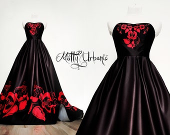 Black Wedding Dress for bridal made to order, Folk corset bridal gown, red flower dress,