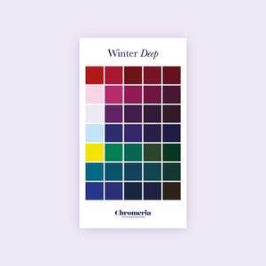 May include: A color palette chart titled Winter Deep with the brand name Chromeria at the bottom. The chart features a grid of 40 colored squares arranged in 8 rows and 5 columns, displaying various shades of red, pink, purple, blue, green, and black.