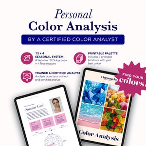 May include: Personal Colour Analysis by a certified colour analyst service. Two digital tablets display a 12+4 seasonal system, a printable palette brochure, and a report titled Summer Cool with a photo, text, and a colour wheel diagram.