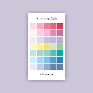 May include: A rectangular color palette card titled Summer Light at the top and Chromeria at the bottom. It features a grid of thirty-five small squares arranged in seven rows and five columns, displaying various shades of pink, purple, yellow, green, and blue.