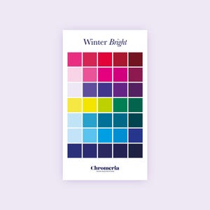 May include: A rectangular color palette card titled Winter Bright with the text Chromeria at the bottom. It features a grid of 40 small squares arranged in 8 rows and 5 columns, displaying a variety of vibrant shades including pinks, reds, blues, greens, yellows, and deep purples.