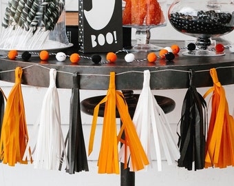 Halloween Tissue Tassel Garland: Black, White & Orange Party