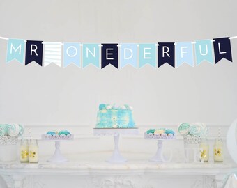 Mr Onederful Banner - Boy's 1st Birthday Banner - Smash Cake Photo Prop - Mr Onederful Theme - Blue Birthday Decor and Banner - Onderful