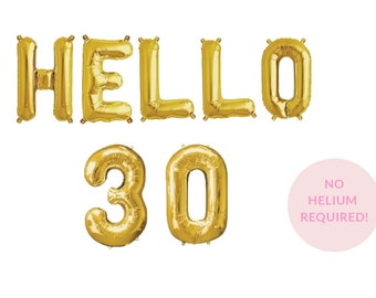 Hello 30 Balloon Banner - Decoración de 30 cumpleaños - Dirty Thirty Theme Birthday - Foil Letter Balloons - Rose Gold Theme Birthday - Balloons