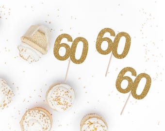 60 Cupcake Toppers - 60th Birthday Party Decor - Numbered Birthday Party Topper - Custom Glitter Cake Topper - Birthday Cake Topper