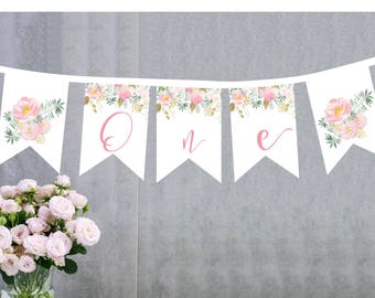 One Printed Banner - First Birthday Banner - Floral Theme 1st Birthday - High Chair Banner - Smash Cake Decor - Smash Cake Banner + Prop