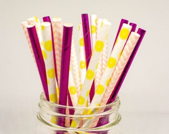 Pink & Lemon Print Paper Party Straws - Main Squeeze Theme - Lemonade Stand Straws - Summer Party - Bridal Shower - Tutti Frutti Theme