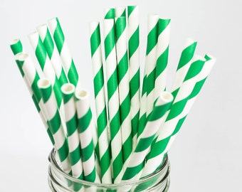 Green and White Stripe Party Straws -  Paper Party Straws - Cake Pop Sticks - Green Theme Decor - Aloha Theme - Green and White