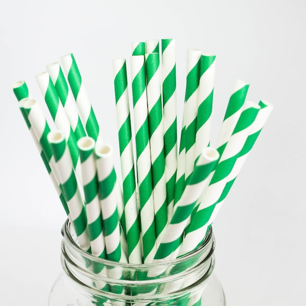 Green and White Stripe Party Straws -  Paper Party Straws - Cake Pop Sticks - Green Theme Decor - Aloha Theme - Green and White